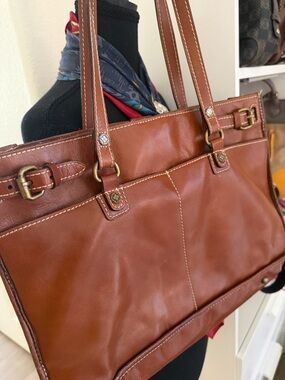 Patricia Nash Cognac Brown Leather Shoulder Bag with Brass Accents